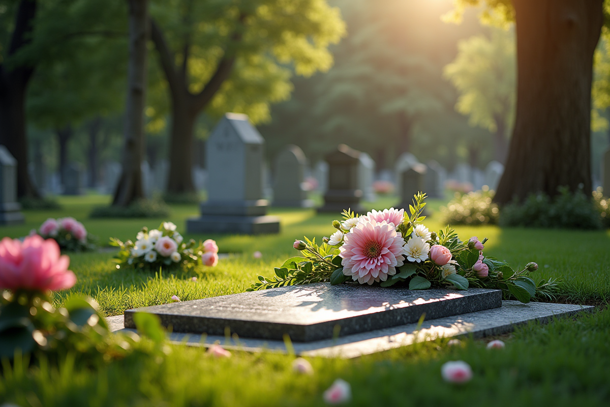 Plaque en granit sur une tombe dans un cimetière paisible
