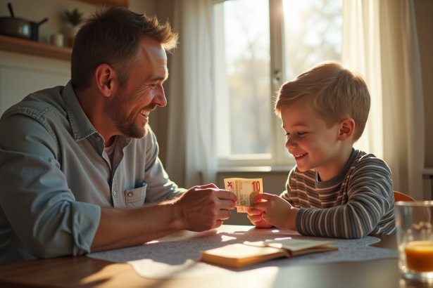 Père et fils échangeant de l'argent dans la cuisine