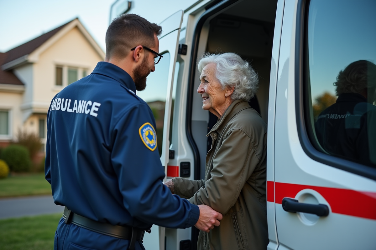 Urgentiste aidant une personne âgée dans une ambulance moderne