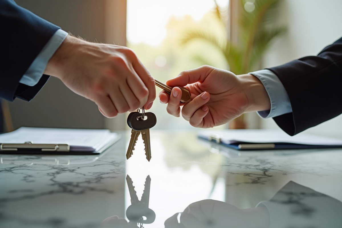 Main passant des clés de maison à une autre sur un bureau lumineux