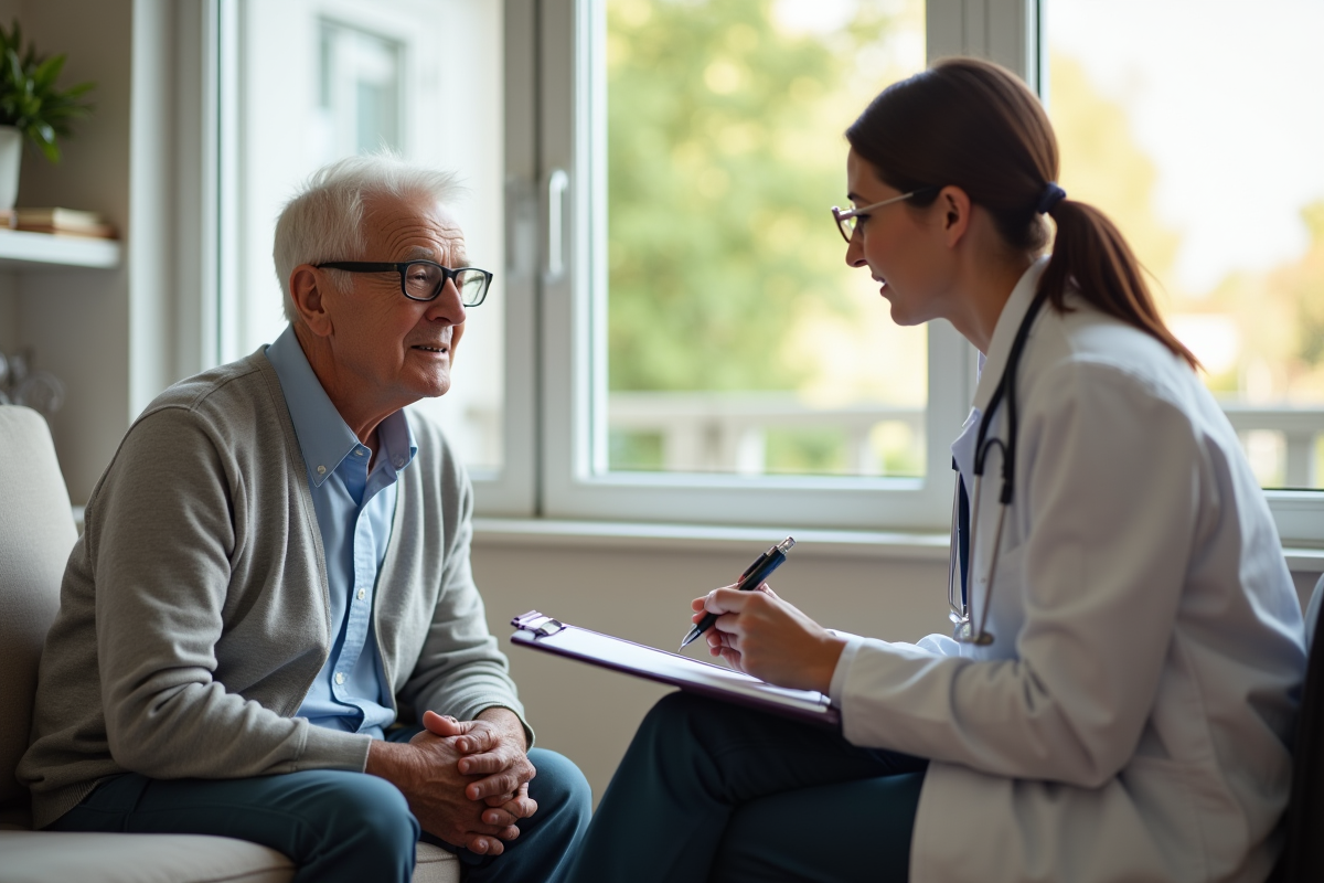 Patient senior en évaluation avec professionnel de santé