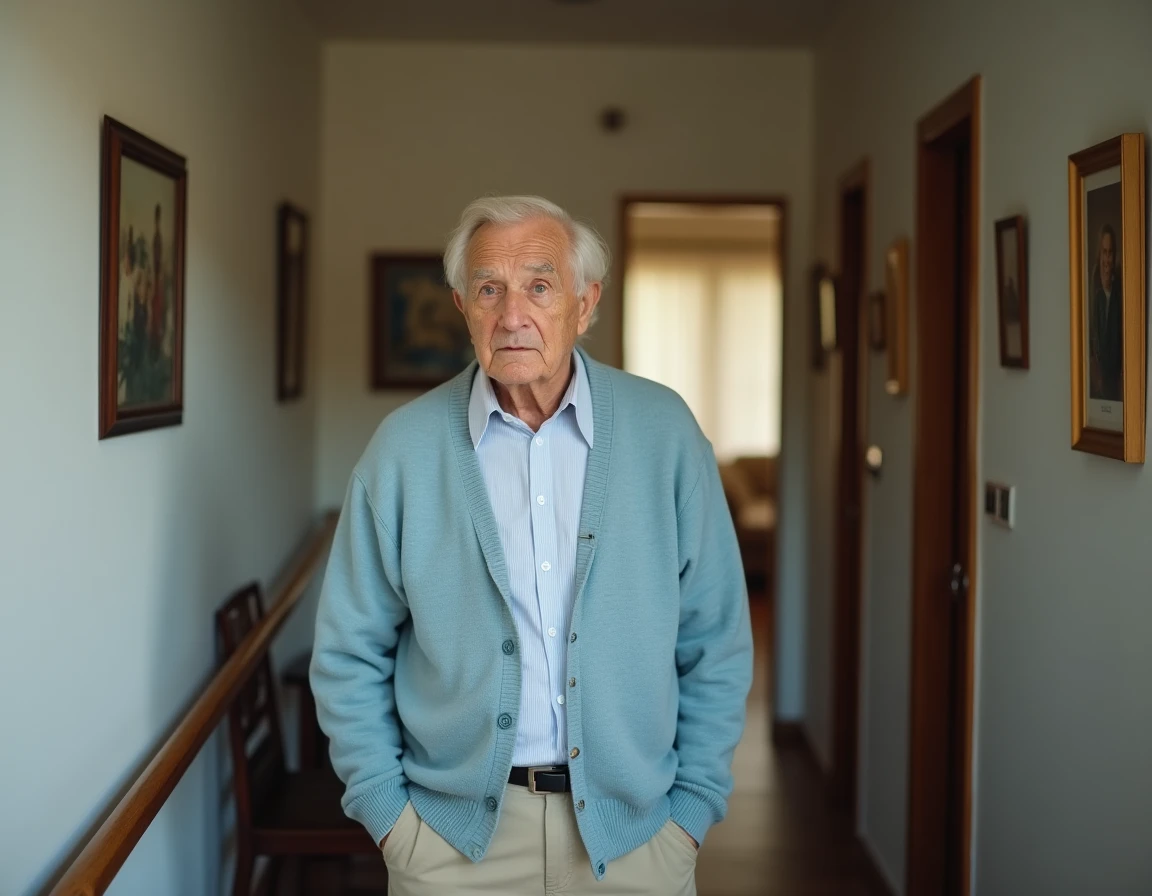 Personne &acirc;g&eacute;e atteinte de d&eacute;mence debout seule dans un couloir, regard perdu et expression confuse