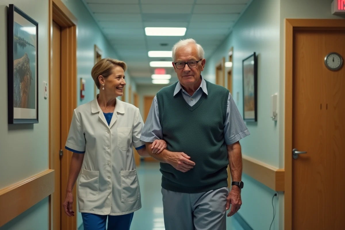 Personne âgée marchant avec une infirmière dans un couloir d