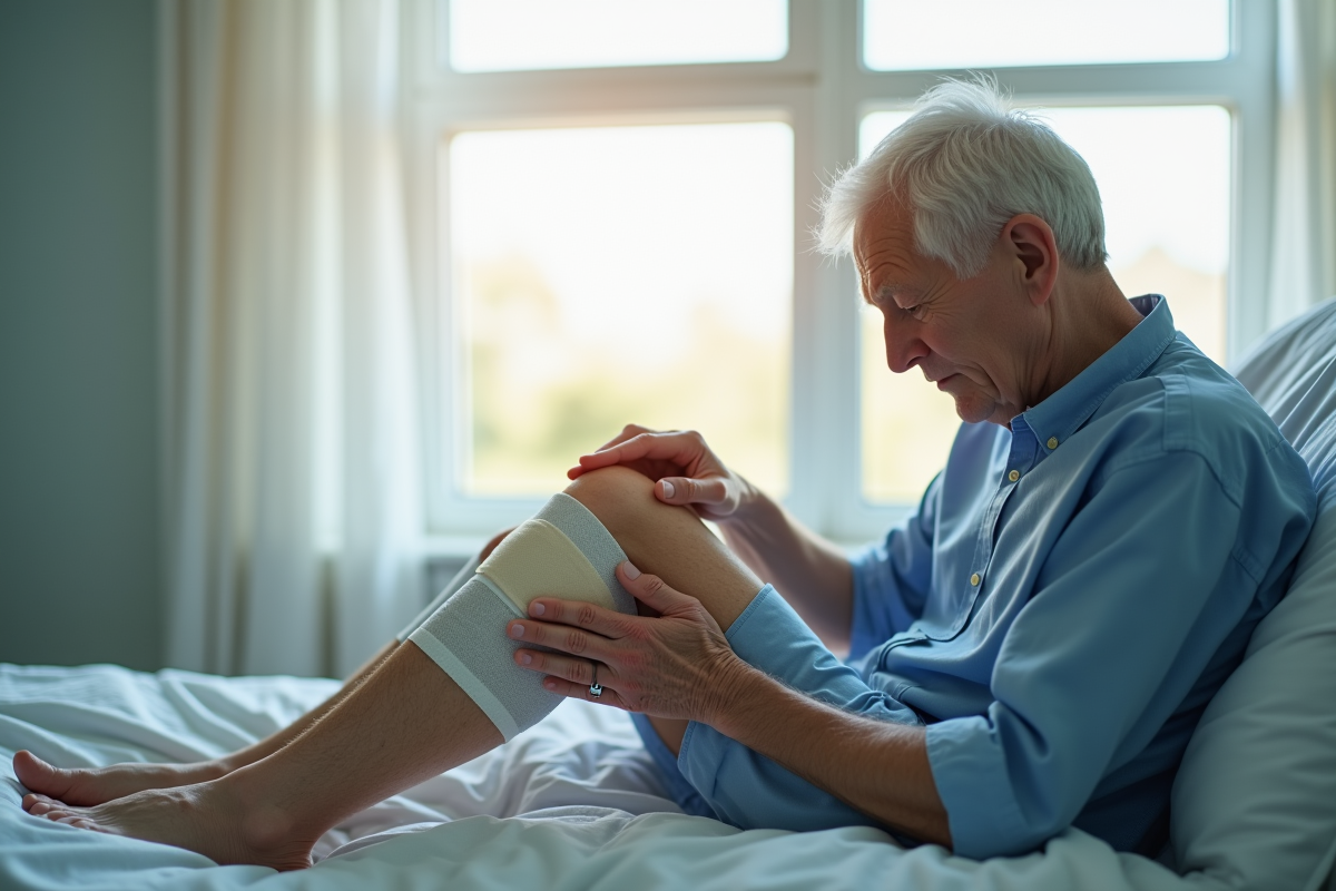Personne agee assise sur un lit d'hopital touchant son genou bandage