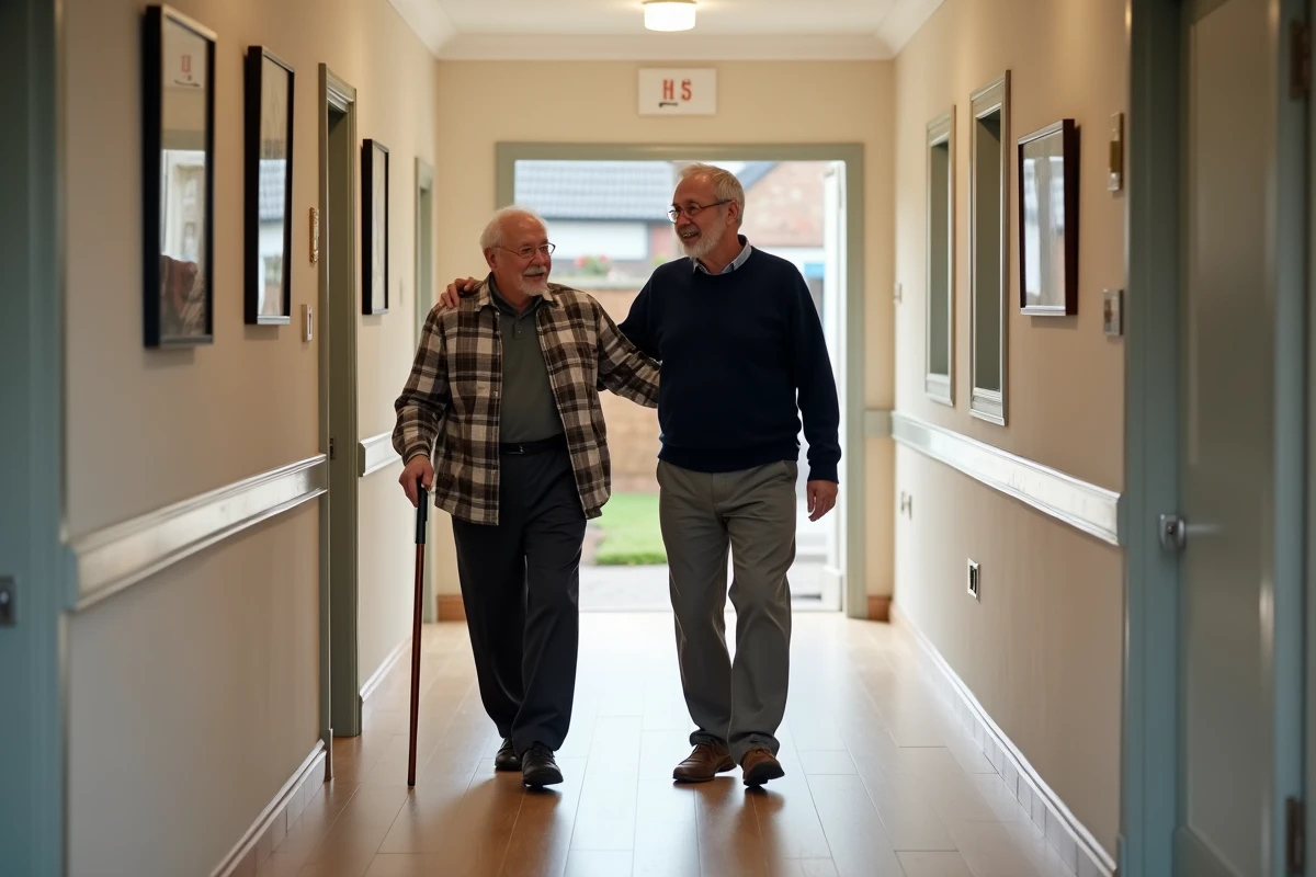 Personne &acirc;g&eacute;e accompagn&eacute;e par son fils dans un couloir de maison de retraite, &eacute;valuation de la perte d'autonomie