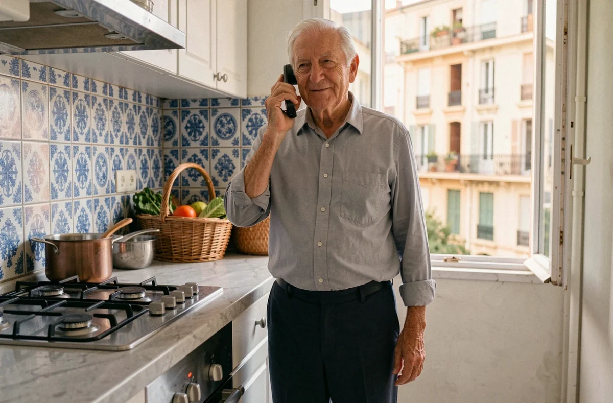 Homme âgé rassuré au téléphone dans sa cuisine à Marseille, symbolisant le lien social et l'accompagnement à domicile proposé par Le Fil des Ans