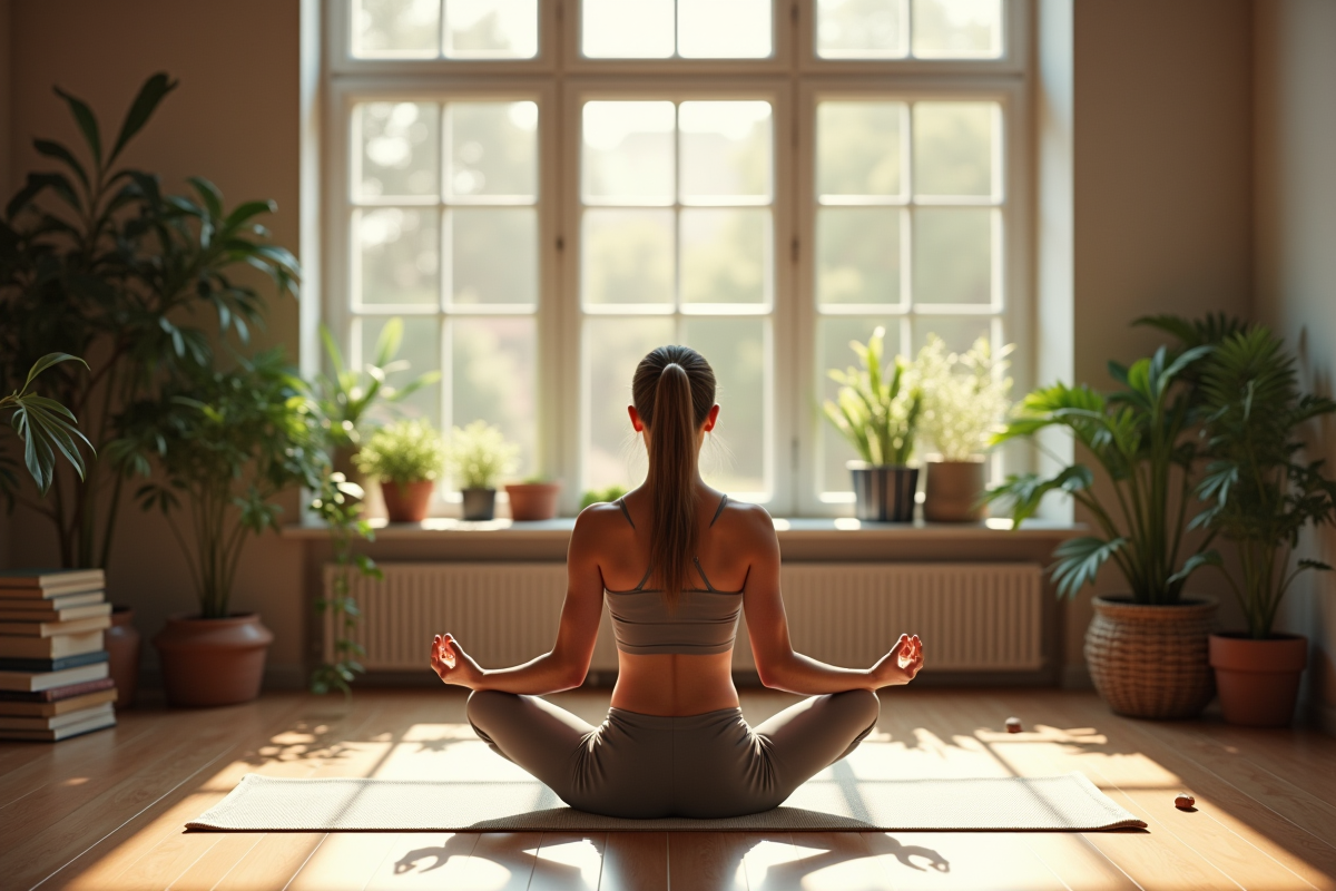 Personne pratiquant le yoga dans un salon lumineux et calme