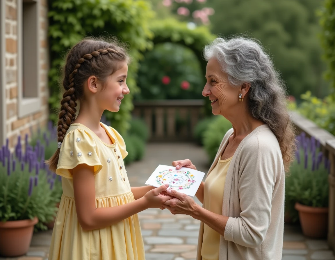 Petite-fille offrant un poème fait main à sa grand-mère dans un jardin fleuri pour la fête des grands-mères