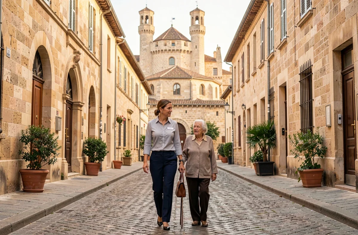 Une auxiliaire de vie Petits-fils accompagne une dame âgée dans les rues historiques d'Avignon