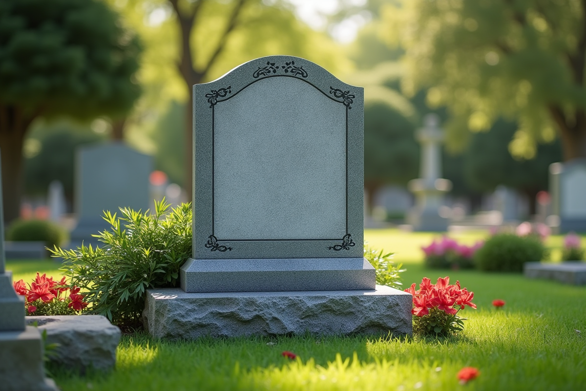 Tombe en granit dans un cimetière paisible ensoleillé avec des fleurs