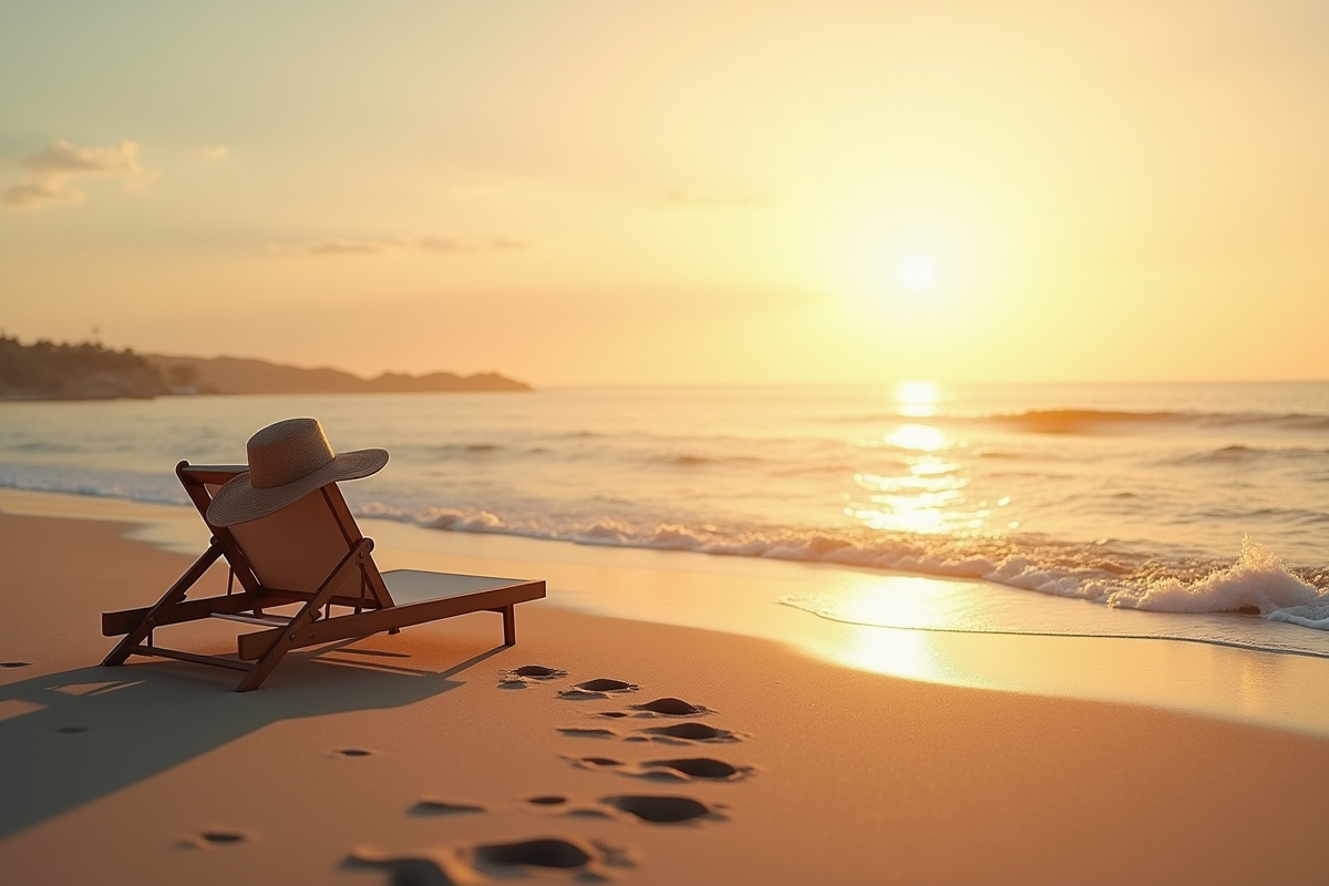 Plage au lever du soleil avec chaise et chapeau en sable