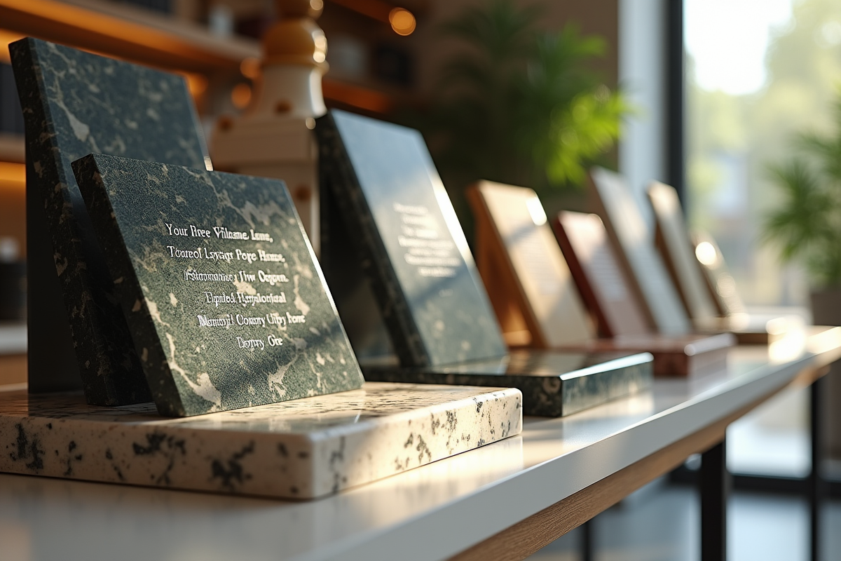 Sélection de plaques funéraires élégantes en showroom