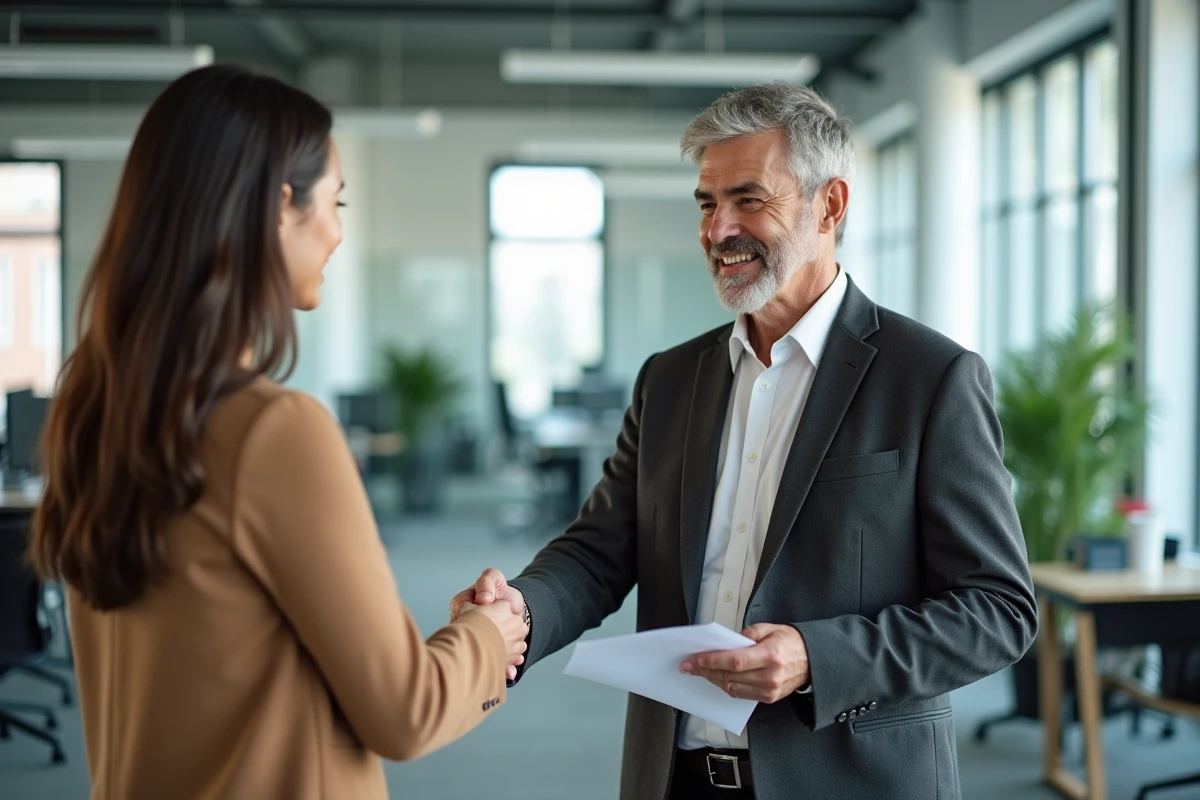 Manager partant à la retraite serrant chaleureusement la main d'une collègue lors de son discours d'adieu en entreprise