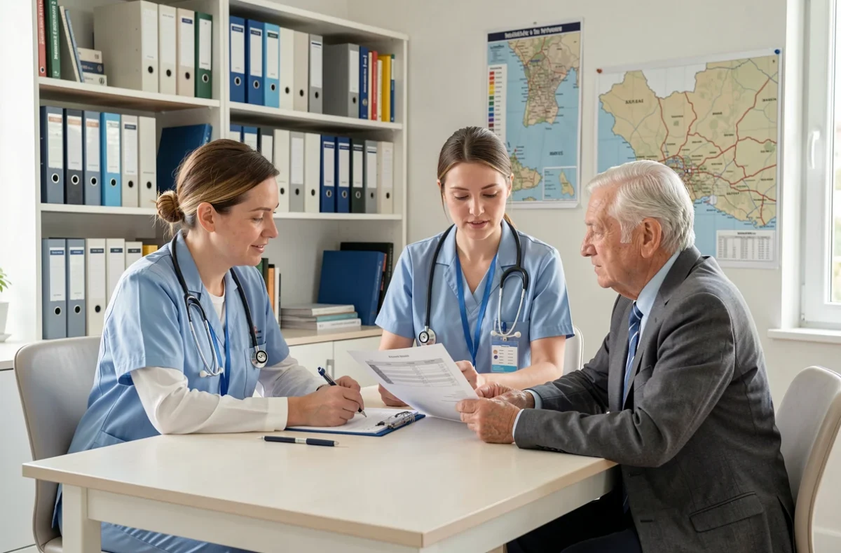 Deux professionnels du Pôle Senior Vaucluse discutent d'un plan d'accompagnement global avec un senior à domicile