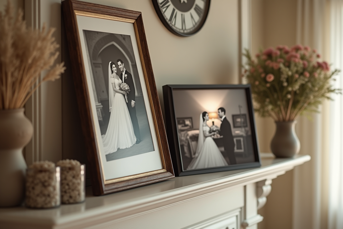 Portrait de mariage vintage en noir et blanc dans un intérieur chaleureux