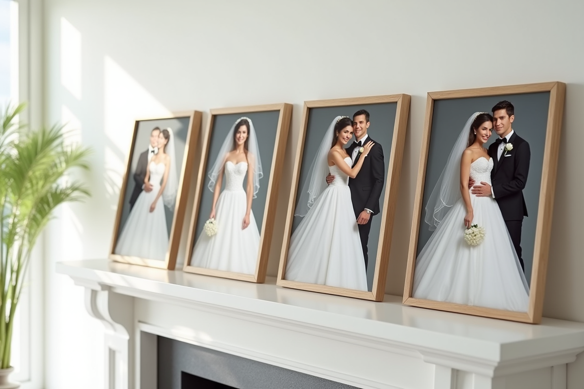 Portraits de mariage d'une célébrité élégante sur une cheminée moderne