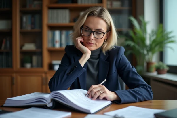 Femme professionnelle consultant des documents de comptes annuels pour le juge des tutelles dans un bureau juridique