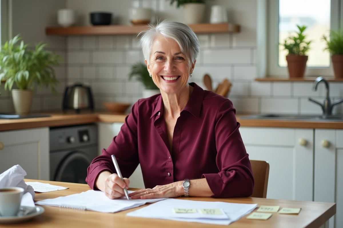 Femme de 60 ans préparant son discours d'anniversaire humoristique avec des notes manuscrites à la maison