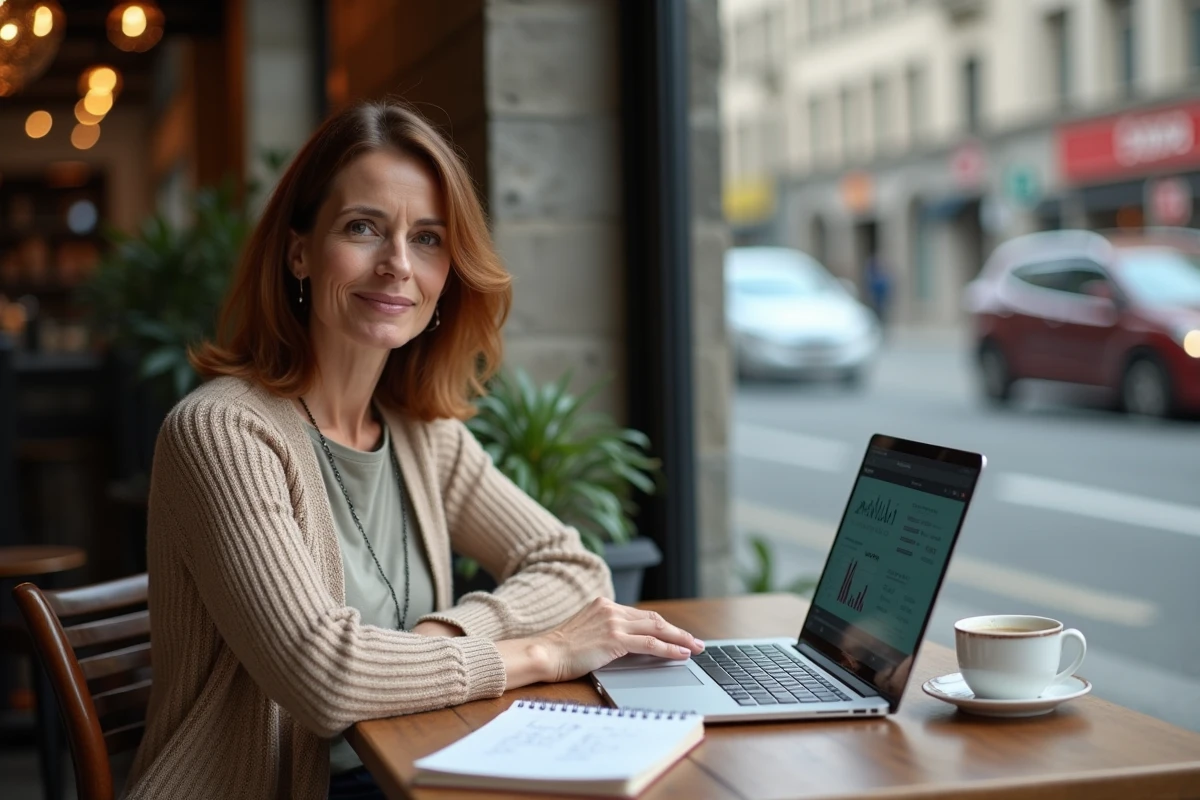 Professeure calculant le montant de sa future retraite sur ordinateur portable dans un café urbain