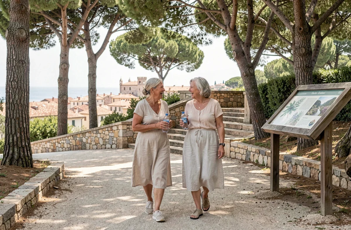 Deux femmes seniors se promenant et discutant dans le Parc du Château à Nice lors d'une activité de marche douce