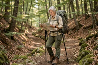 Femme senior faisant une pause sur un sentier de randonnée en forêt pour consulter une carte, illustrant les bonnes pratiques de randonnée après la retraite