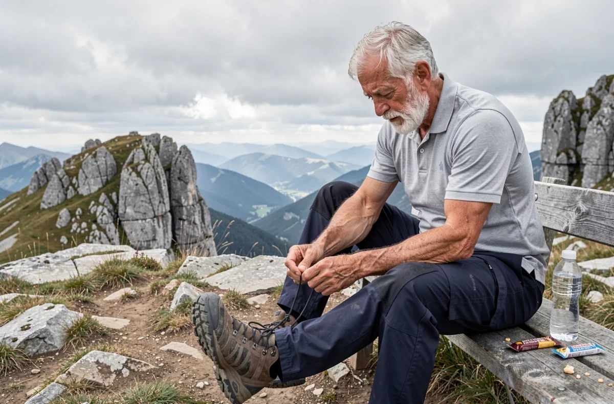 Randonneur senior retraité assis sur un banc en altitude inspectant ses pieds après une longue marche, soulignant l'importance de prévenir les blessures en randonnée