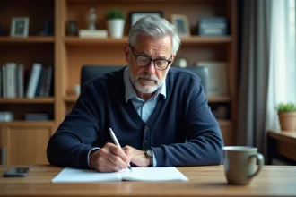 Homme en pré-retraite rédigeant une lettre de départ à la retraite après invalidité à son bureau à domicile