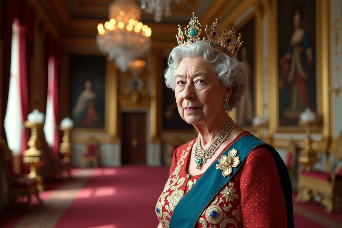 Reine Elizabeth II dans un palais avec chandeliers et portraits