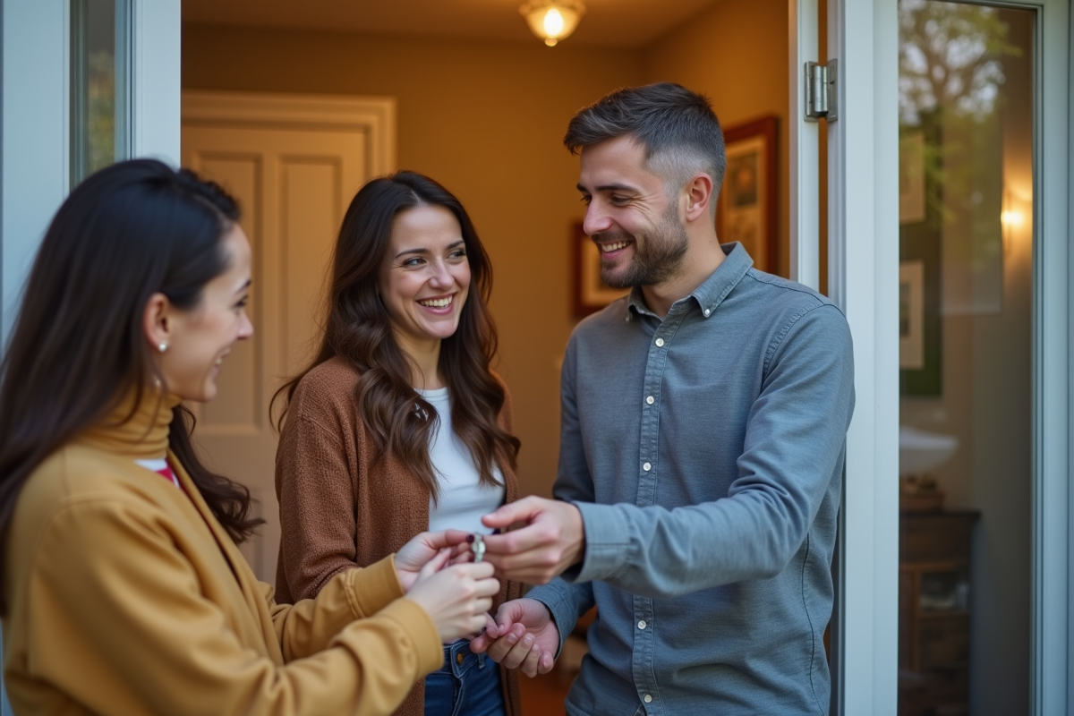 Jeune recevant les clés de sa maison avec ses parents heureux