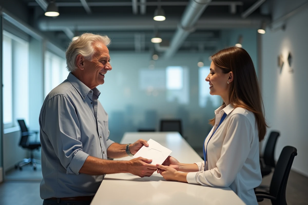 Employé remettant sa lettre de départ retraite et préavis à la responsable RH de l'entreprise