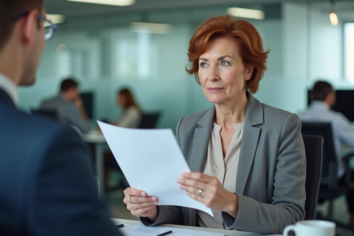 Femme remettant une lettre de départ en retraite pour invalidité à un responsable des ressources humaines en entreprise