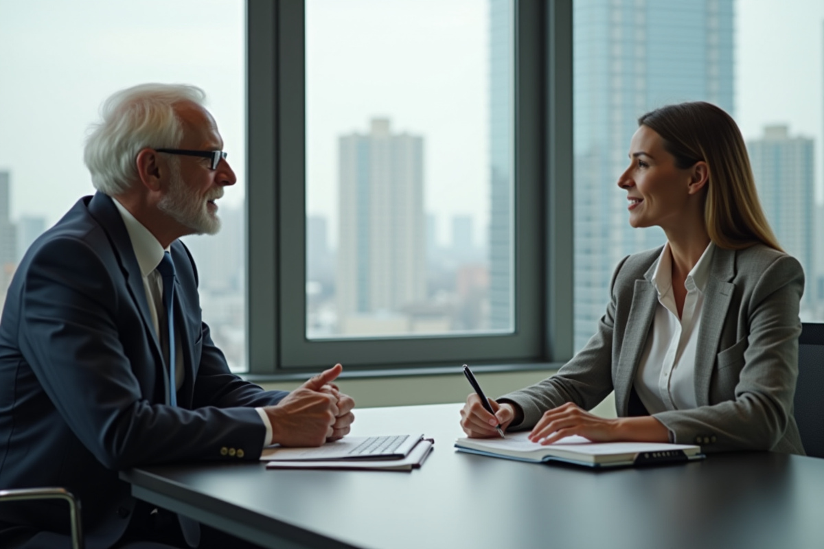 Senior rencontrant un conseiller financier dans un bureau moderne pour conseils fiscaux