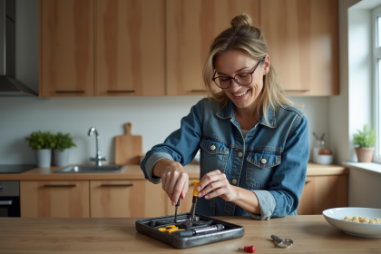 Femme répare un meuble de cuisine avec outils modernes