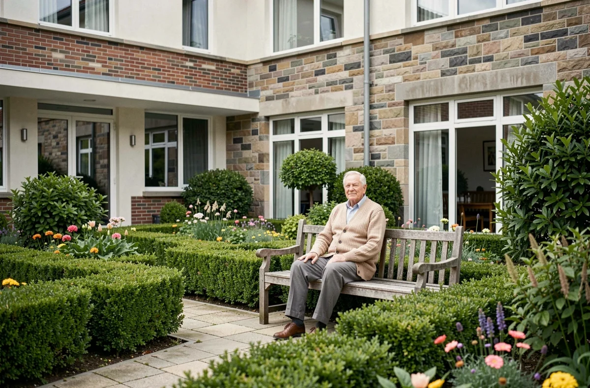 Résident âgé assis dans le jardin de la Résidence de l'Aar à Schiltigheim