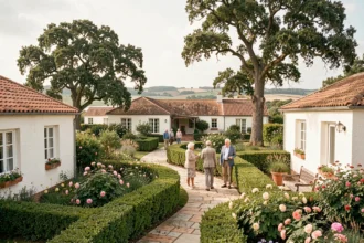 Vue d'ensemble d'une résidence senior en Vendée avec jardins fleuris et résidents se promenant
