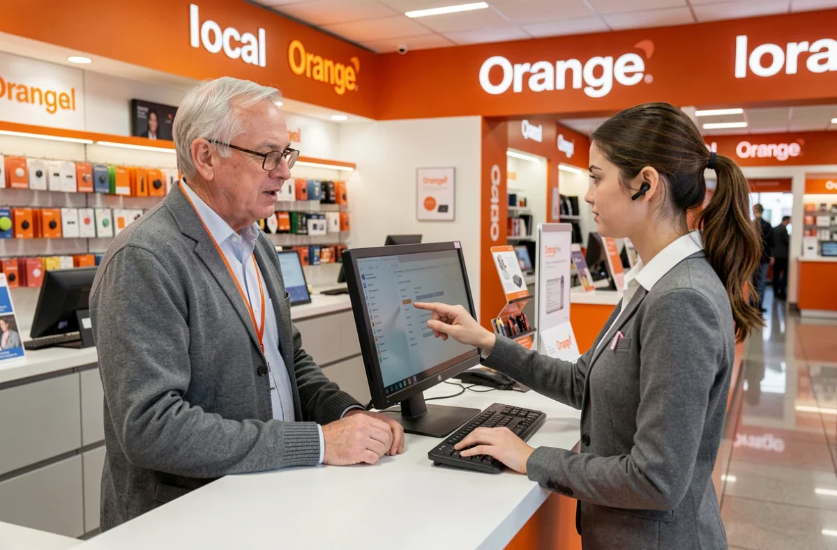Retraité demandant de l'aide en boutique Orange pour résoudre un problème d'accès au kiosque en ligne