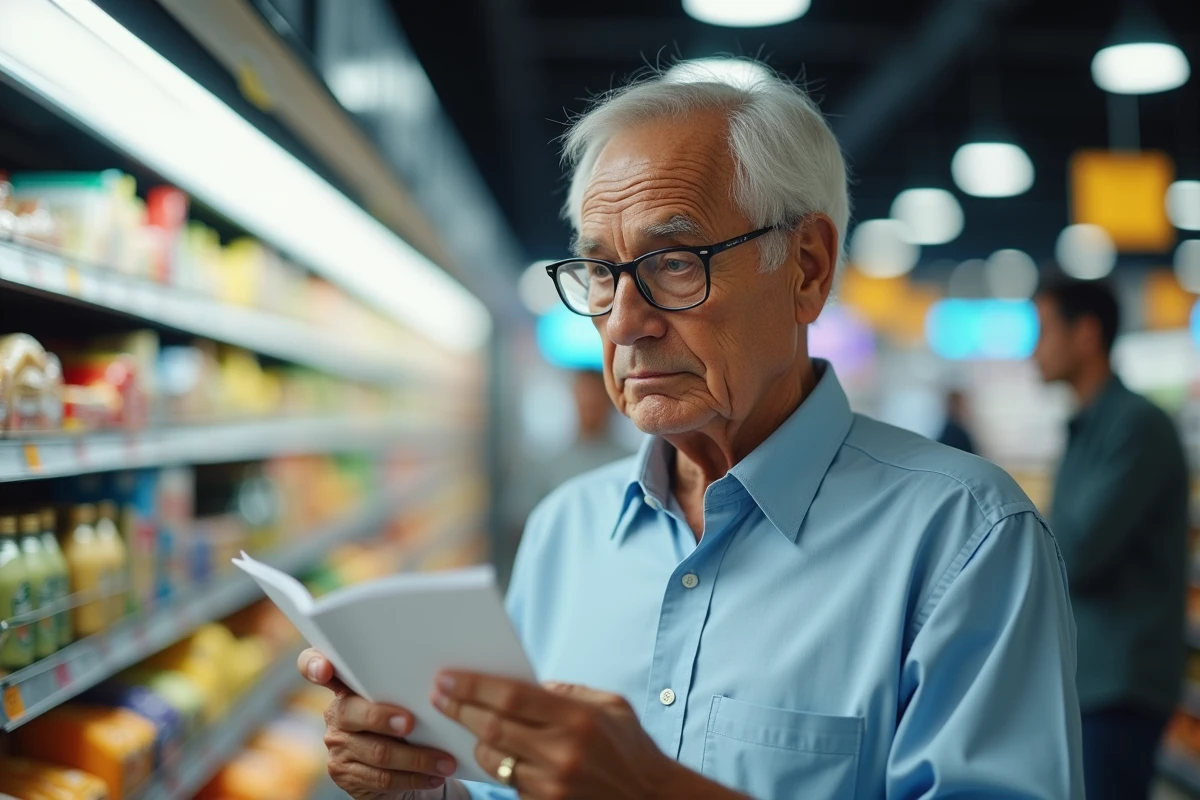 Homme retraité comparant les prix en supermarché, illustrant les difficultés de pouvoir d'achat des retraités