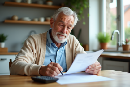 Homme retraité examinant ses documents de pension dans une cuisine lumineuse