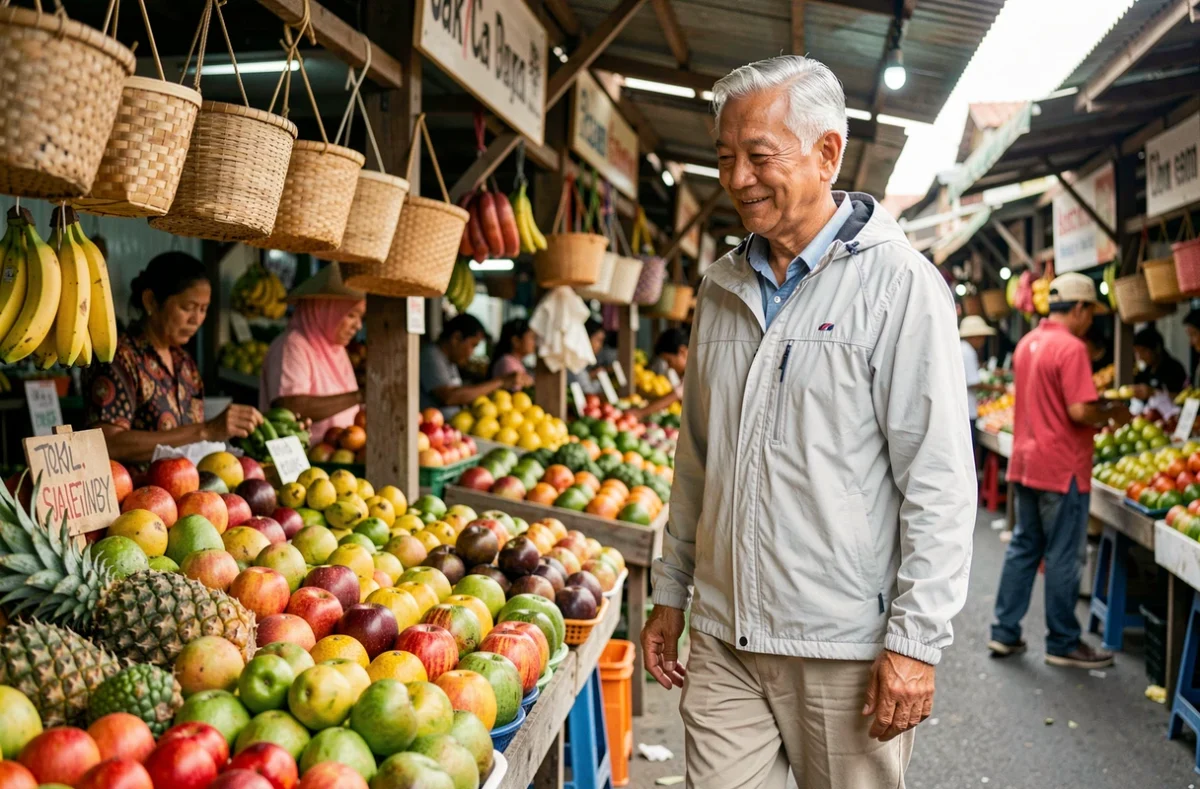 Retraité occidental explorant seul un marché local animé en Asie du Sud-Est, découvrant les produits frais tropicaux