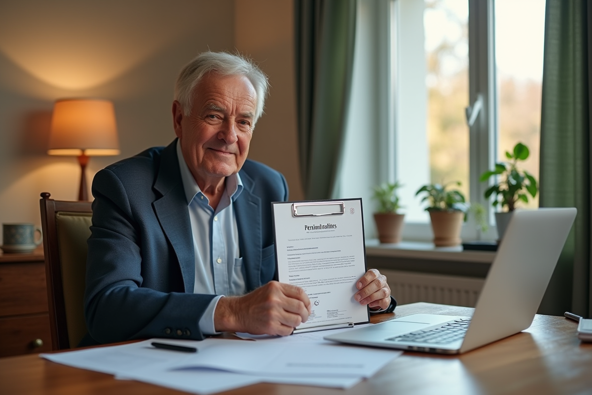 Personne d'âge moyen tenant un certificat de pension à domicile