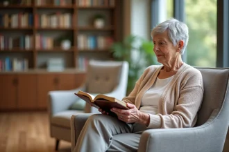 Femme âgée avec album photo dans salon moderne