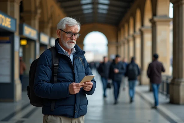 Retraité SNCF examinant son pass Carmillon dans une gare française