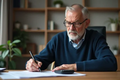 Homme en situation de handicap consultant ses documents de retraite à son bureau à domicile