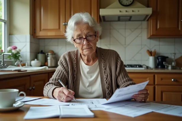 Femme retraitée examinant ses factures et documents de retraite à une table de cuisine, expression préoccupée par le pouvoir d'achat