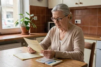 Femme retraitée qui consulte ses relevés bancaires et son livret d'épargne à la maison pour gérer son allocation de solidarité aux personnes âgées