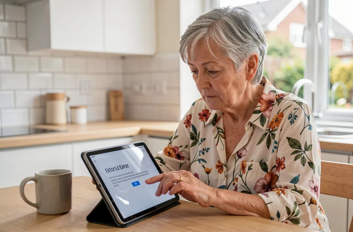 Retraitée consultant son espace kiosque Orange sur tablette avec un message d'erreur affiché