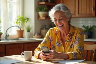 Femme retraitée souriante lisant un message humoristique sur son smartphone dans une cuisine chaleureuse