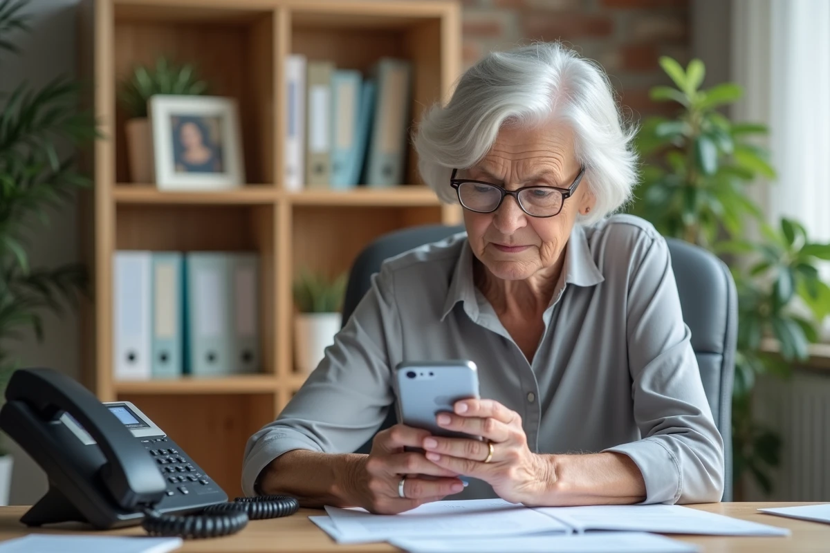 Retraitée SNCF consultant son smartphone pour réinitialiser son identifiant de connexion à son espace personnel