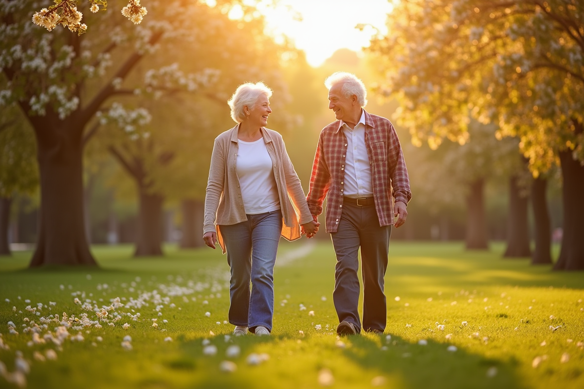 Couple de retraités marchant main dans la main dans un parc ensoleille