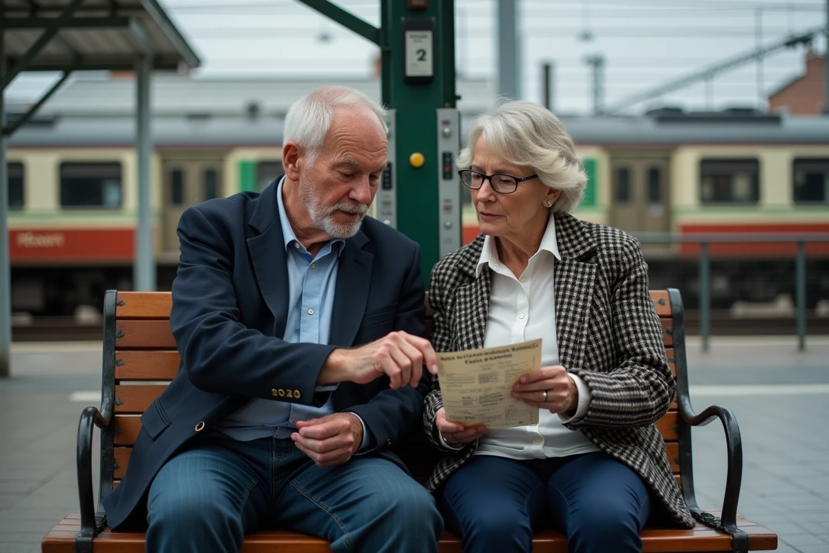 Deux retraités SNCF discutant de leurs billets gratuits sur un quai de gare